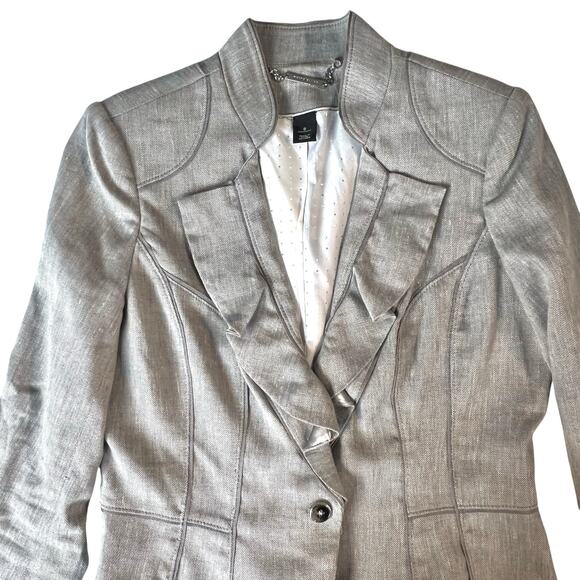 White House Black Market Gray Linen-Blend Ruffle Front Blazer Size 8 - Picture 1 of 11